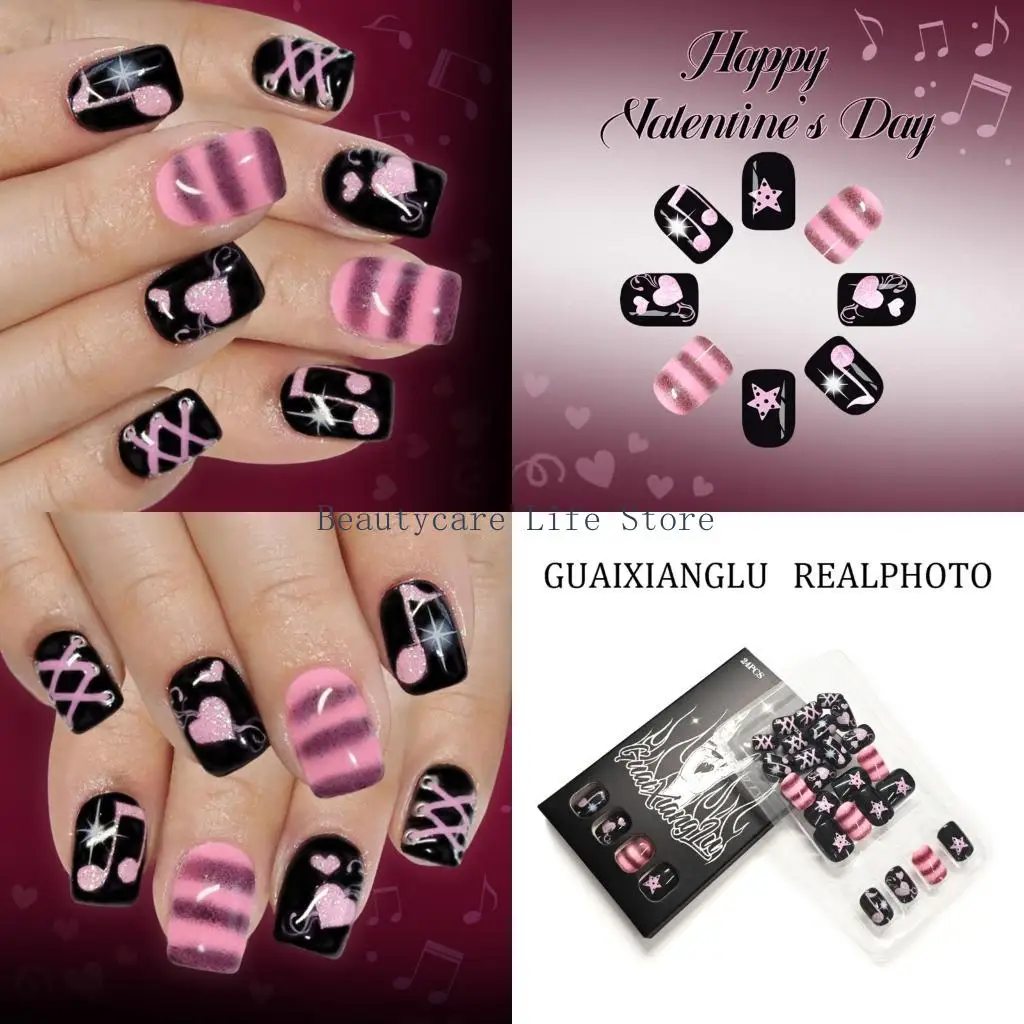 652C 24pcs Red French Tip False Nail with Musical Heart Glittering Valentine’s Day Press on Nail Lightweighted Comfortable
