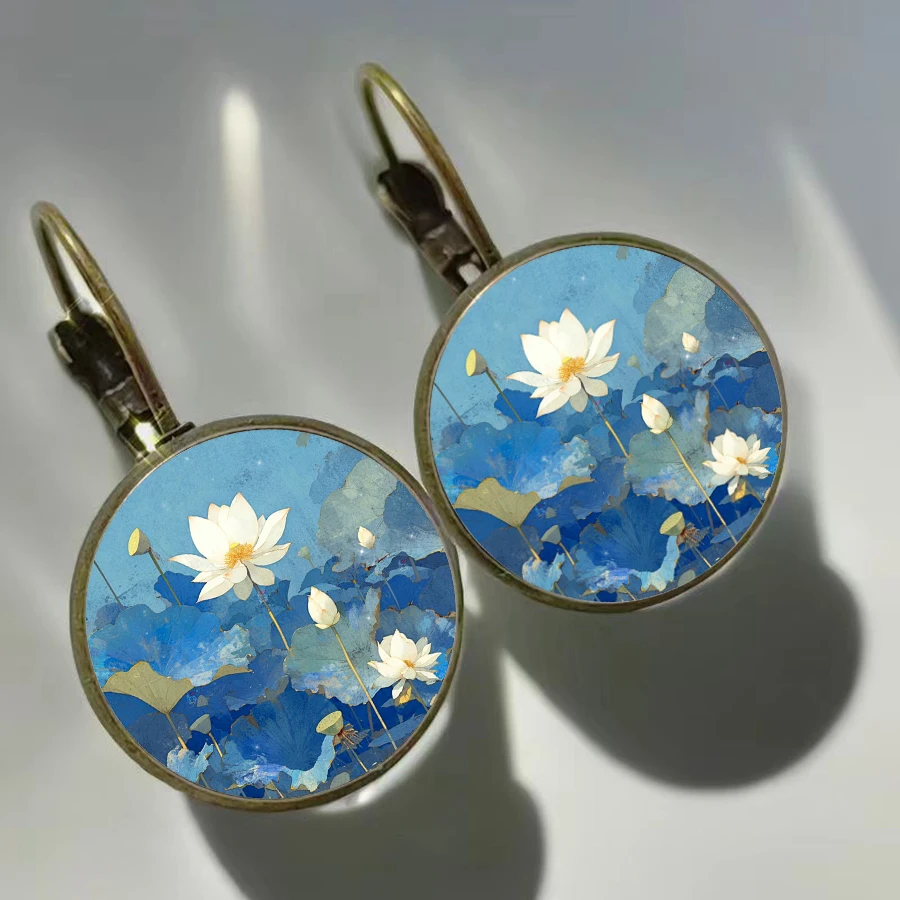 New Arrival Watercolor Lotus Earrings Ink Painting White Lotus Glass Earrings Vintage Fairy Essential Earrings