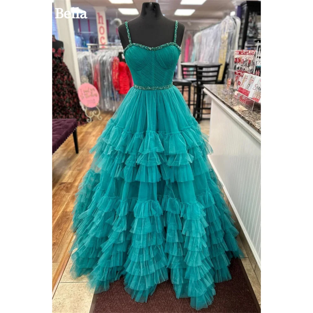 

Bella Tiered Ruffle Prom Dresses Spaghetti Strap Tulle Wedding Dress Elegant Sleeveless Floor-Length A-line Vestidos De Fiesta