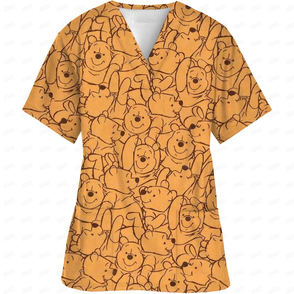 

2024 Scrub Tops Easter Day Womens V Neck Disney Winnie The Pooh Top Nursed Working T Shirts Blouse Medical Uniform With Pockets