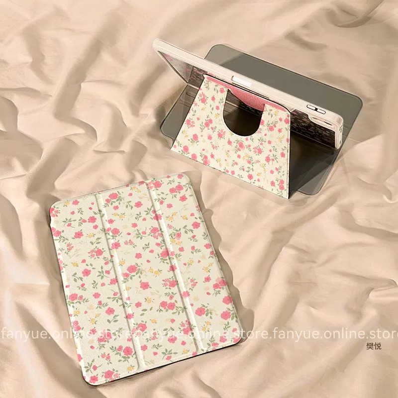 Korean Minimalist Floral Design Tablet Case For iPad Pro 12.9in Air7 10th 11th iPad Pro 11 13in 2025 M4/5 Anti-fall Rotate Cover