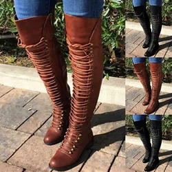 Classic Lace Up Women'S Boots Outdoor Low Heeled Round Toe Shoes Western Bandeau Over Knee Boots Retro Tall Footwear 2024
