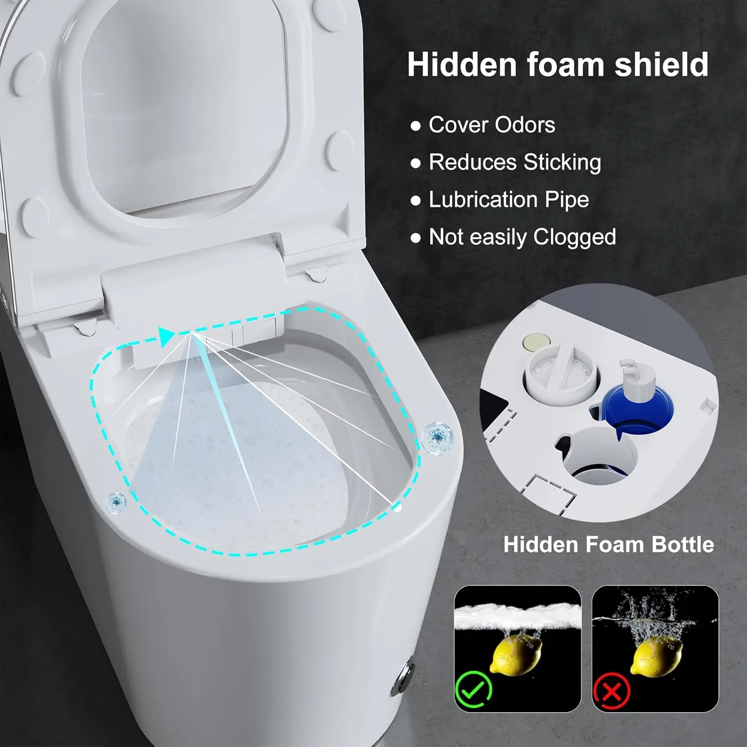

Smart Toilet, Auto Open/Close Lid, Heated Seat & Remote Control, Hidden Foam Shield, Multiple Functions, Bedroom Use, Custom