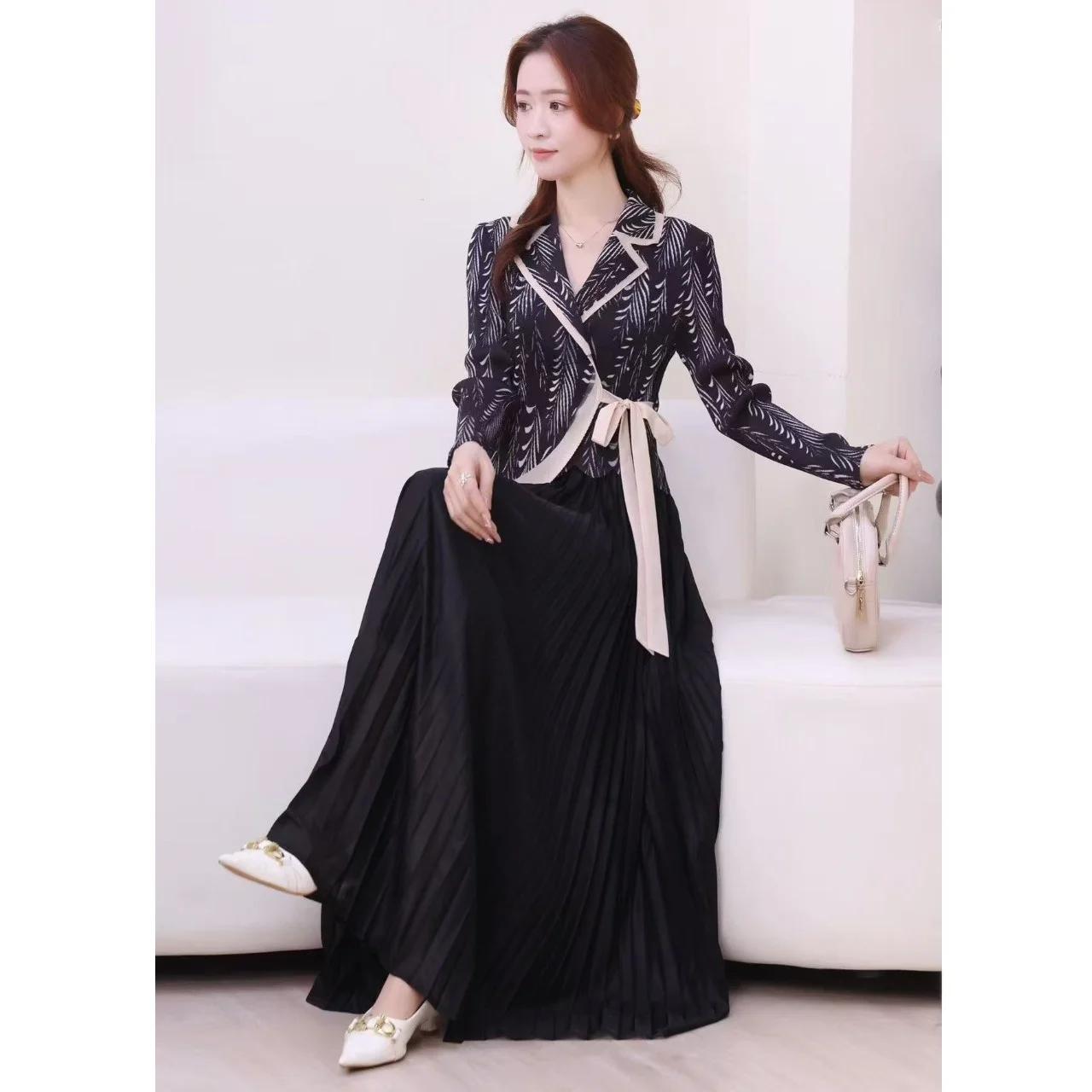 Ele Spring Wrap Dr con pliegues y pajarita Falda falsa de dos piezas Cintura elástica Poliéster Alto estiramiento para todas las estaciones Dr