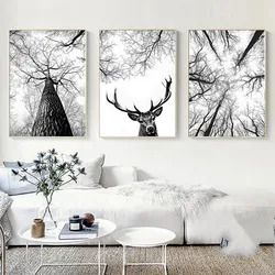 Scandinavian Black and White Branch Print Hunting Posters Deer Antlers Wall Art Woodland Tree Canvas Painting Home Decor