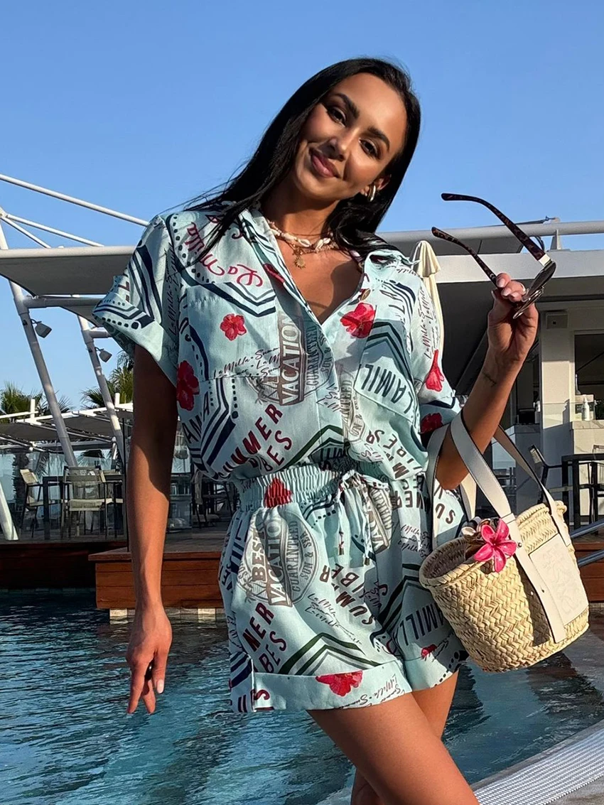 Marthaqiqi Printing Women Sleepwear Set Short Sleeve Nightgown Sexy Turn-Down Collar Nightwear Shorts Casual Pajama 2 Piece Suit