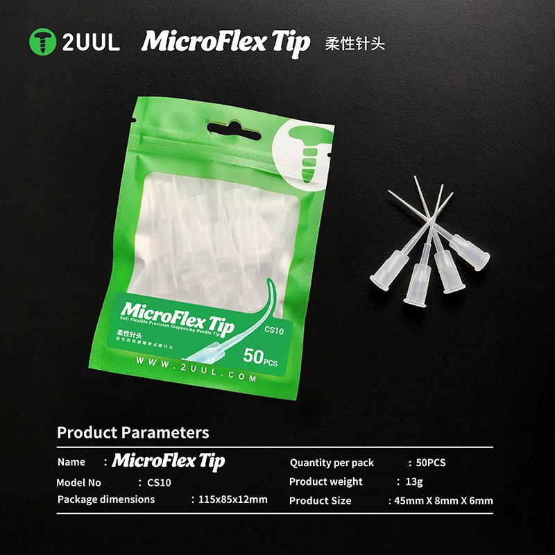2UUL CS10 MicroFlex Tip Soft Flexible Precision Dispensing Needle Tip (50pcs/pack) for Phone Repair Precision Dispensing Needle