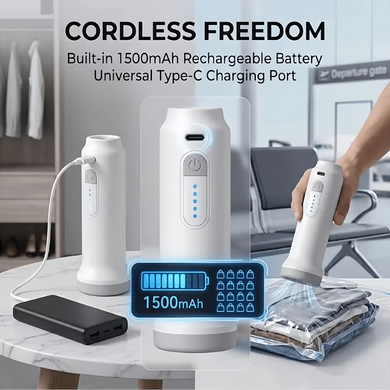 5pcs Set -Vacuum Storage Bags + USB Electric Air Pump with Charging Cable, 1500mAh Long-Lasting Battery, Portable and Extremely