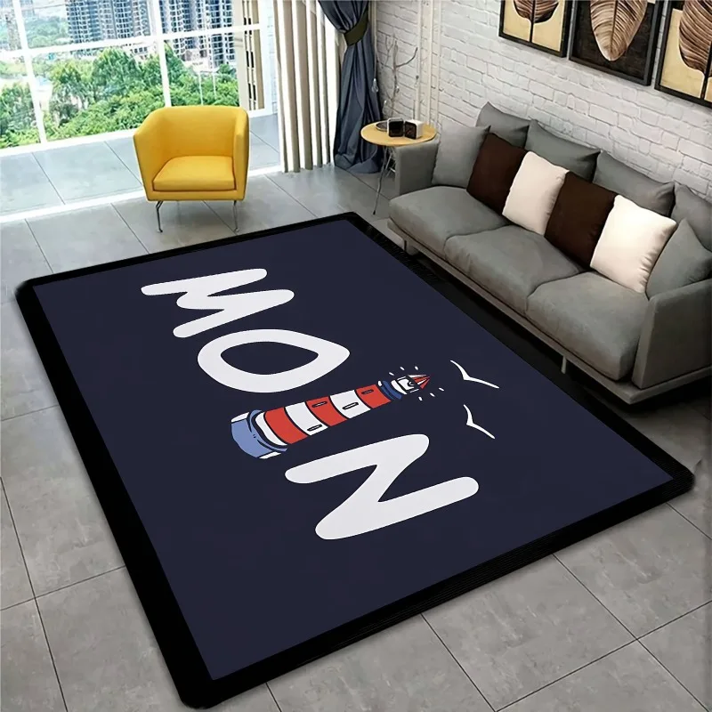 Alfombra con área de letras MOIN, diseño 'MON' blanco audaz, faro rojo/azul, para habitación, sala de estar, baño, entrada, decoración del hogar, 1 ud.