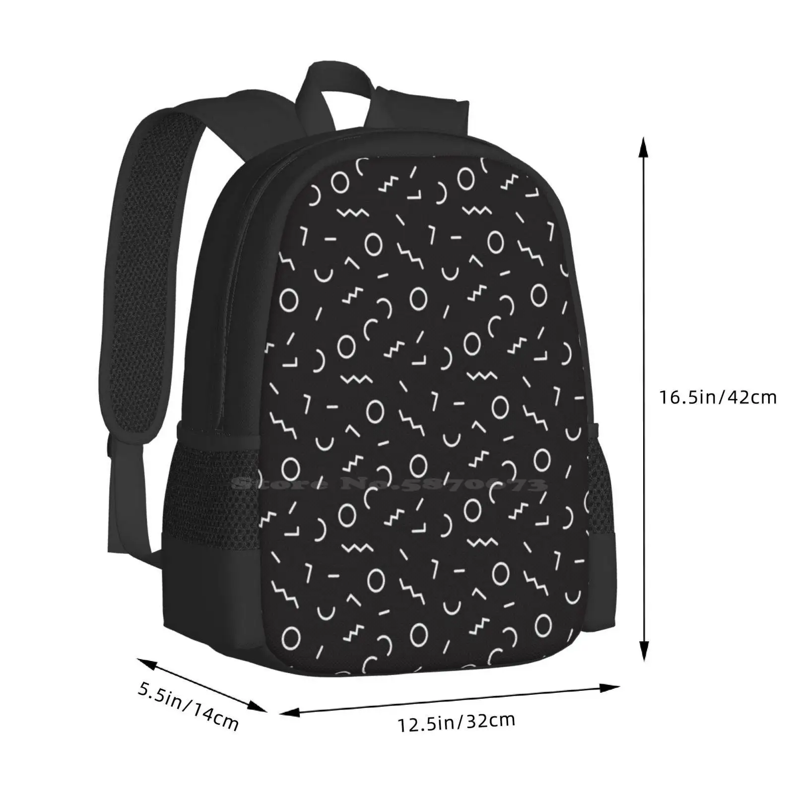 Memphis Style Abstract Pattern ( White / Black ) Pattern Design Bagpack School Bags Memphis Abstract Pattern Black And White