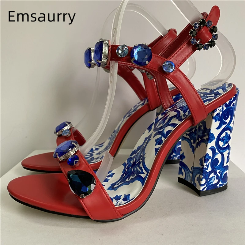 Blue And White Porcelain Print Sandals Women Chunky Heel Genuine Leather Crystal Rhinestone Embellished Modern Shoes Summer