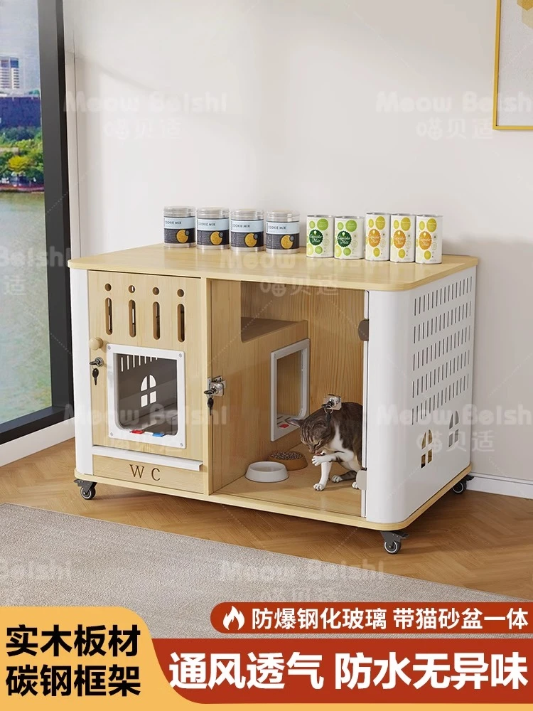 

Cat cage Solid wood household indoor litter box Integrated house with toilet Pet small house villa