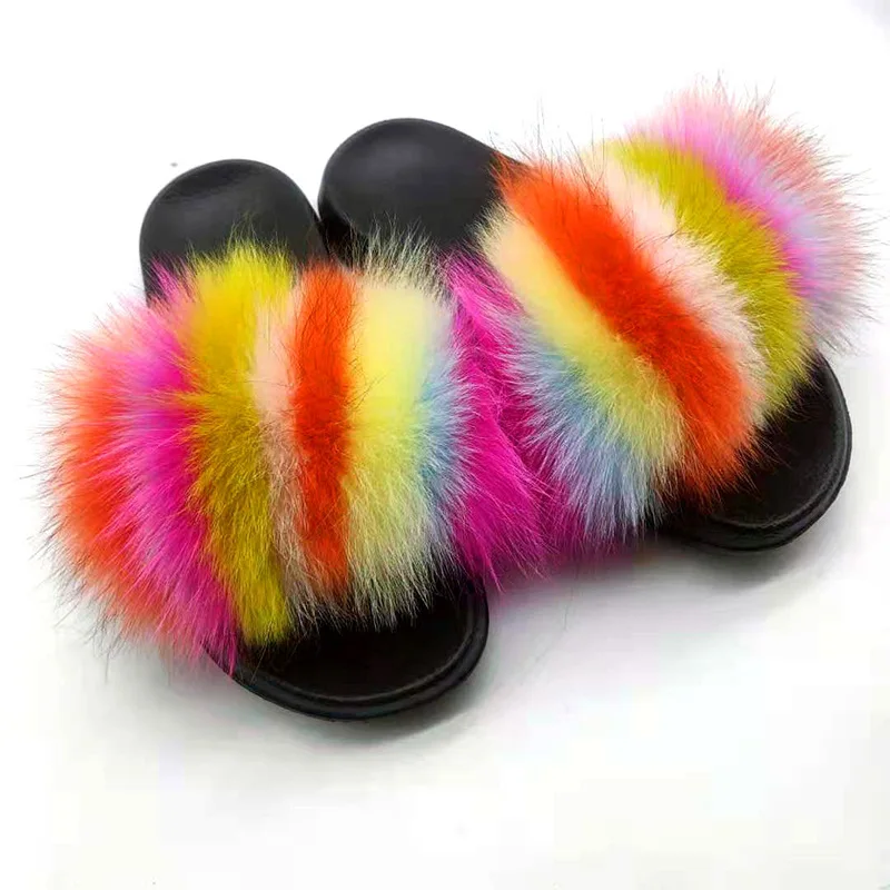 ผู้หญิง Flip Flops แฟชั่นแบนขนสุนัขจิ้งจอกจริงรองเท้าแตะในร่ม Anti SLIP เย็บสี Fluffy Fox FUR รองเท้าแตะรองเท้าแตะ 2025