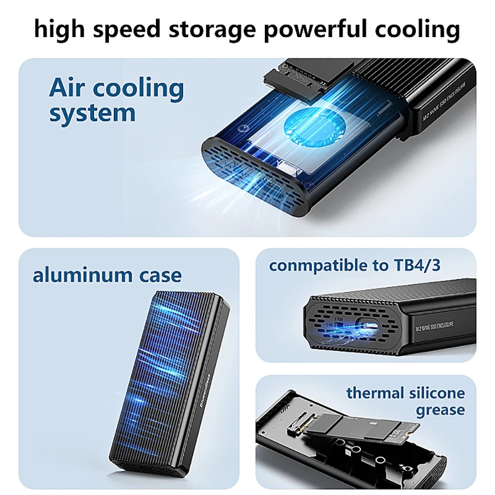 Kebidumei 40Gbps M2 NVMe SSD Enclosure USB4 Thunderbolt 3 4 PCIe Case Aluminum External Solid State Drive Adapter With Turbo Fan
