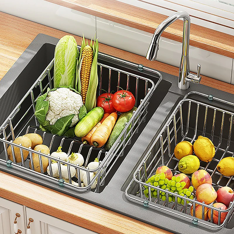 

Stainless Steel Dish Drying Rack Adjustable Kitchen Sink Dish Drainer Fruit Vegetable Drain Basket Dishes Draining Storage Rack