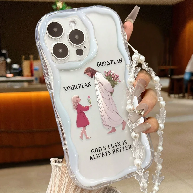 Girl God Pattern Clear Wavy-edge Phone Case For iPhone 17 Pro 16 15 14 Plus 13 12 11 Pro Max 16E 17E With Bead String Soft Cover view 4