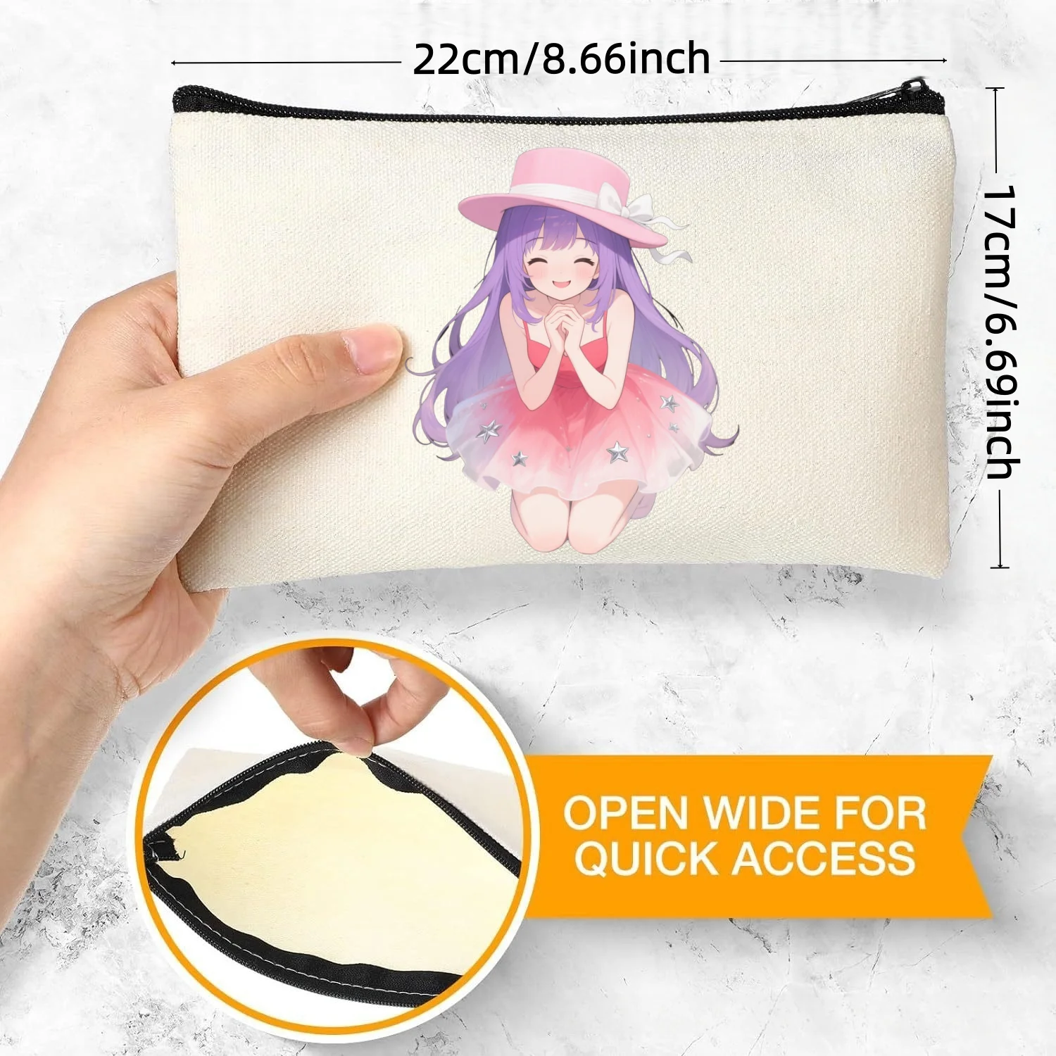 

1PC Kawaii Anime Girl with Purple Hair and Pink Sun Hat Print Canvas Makeup Bag Double Sided Cosmetic Pouch Travel Organizer