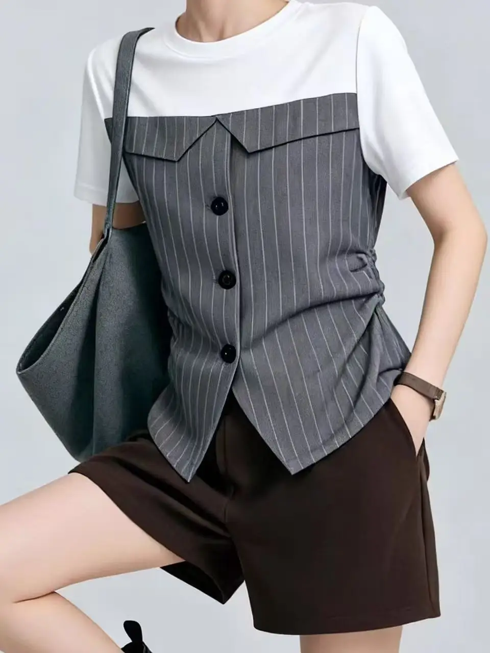 Elegant Lady Color Block Pinstripe Fake Two Piece T-Shirt Ruched Side Button Down Crew Neck Blouse Chic Office Wear Casual Top