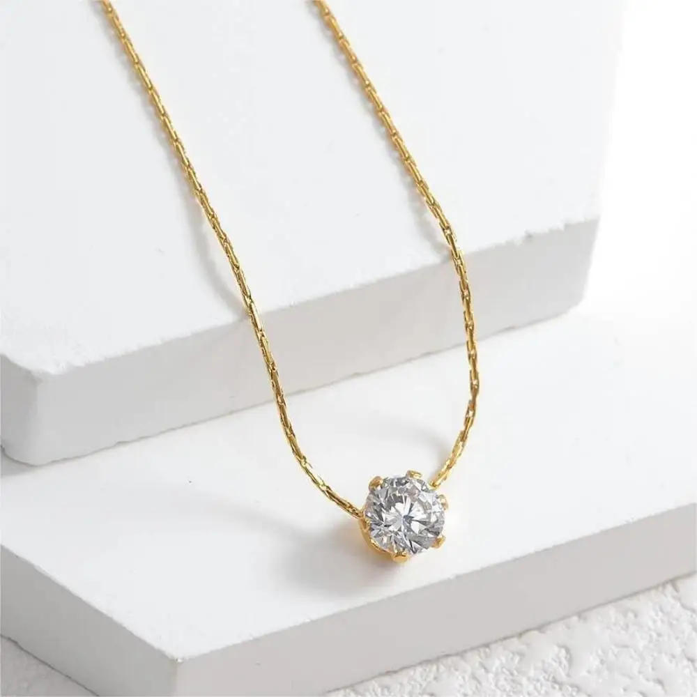 Gold Plated Stainless Steel Dainty Minimalist Zircon Charm Anti Tarnish Chain Round Clear Cz Stone Necklace for Women Jewelry