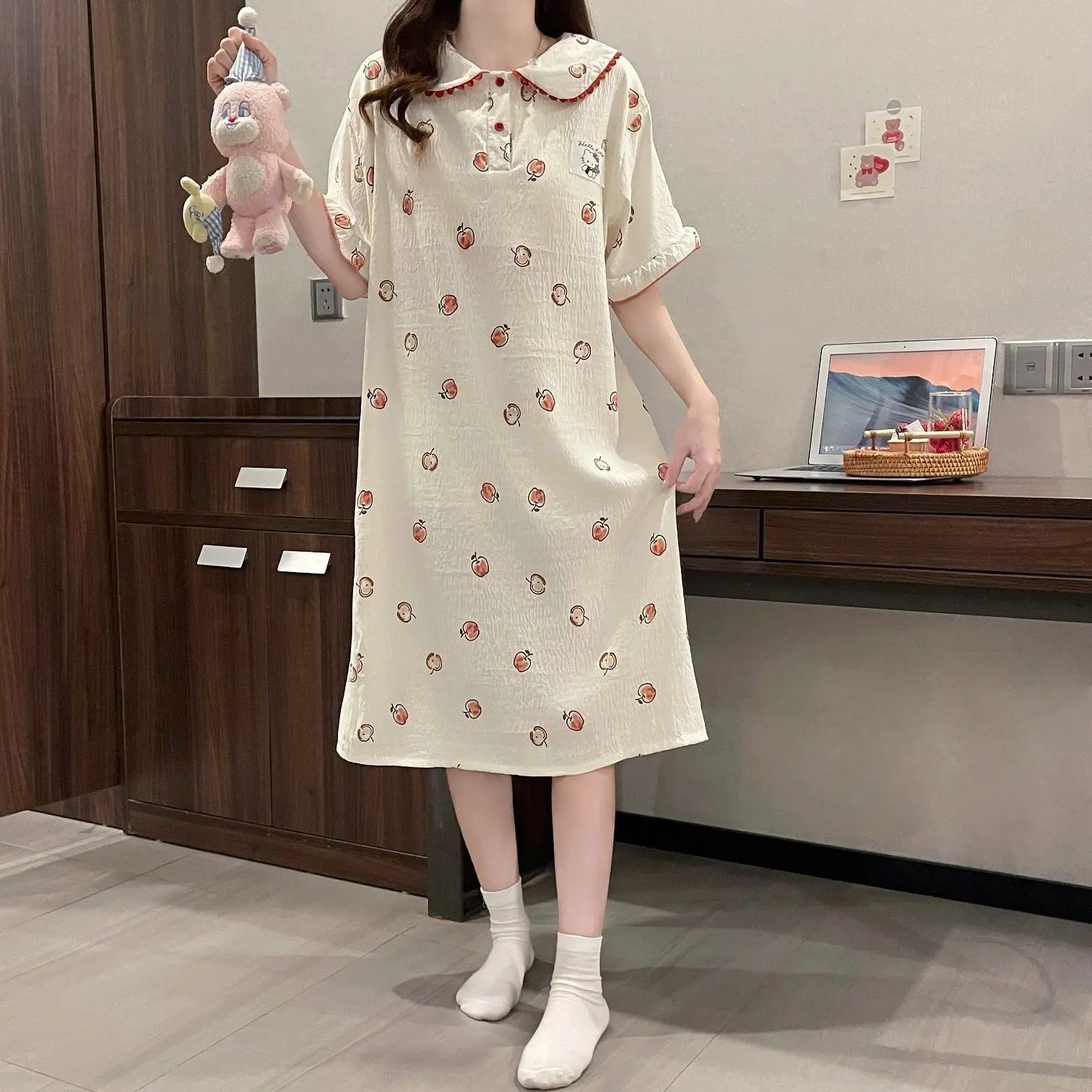 

Милая пижама Sanrio Hello Kitty, женская ночная рубашка, летняя ночная юбка, ночная рубашка с короткими рукавами, длинные платья, одежда для сна, домашняя одежда