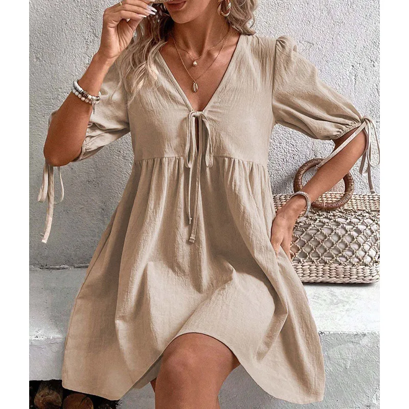 Mini abito allentato estivo da donna casual Solido sexy scollo a V Manica corta Gonna da spiaggia Vestito estivo Abiti eleganti e traspiranti Abiti