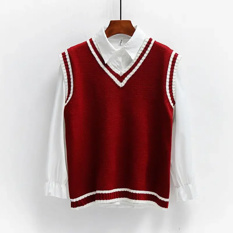 Women's Knitted Vests V-neck Sweet Japan Preppy Style Schoolgirl Harajuku Casual Autumn Jumpers Fashion Sleeveless Streetwear