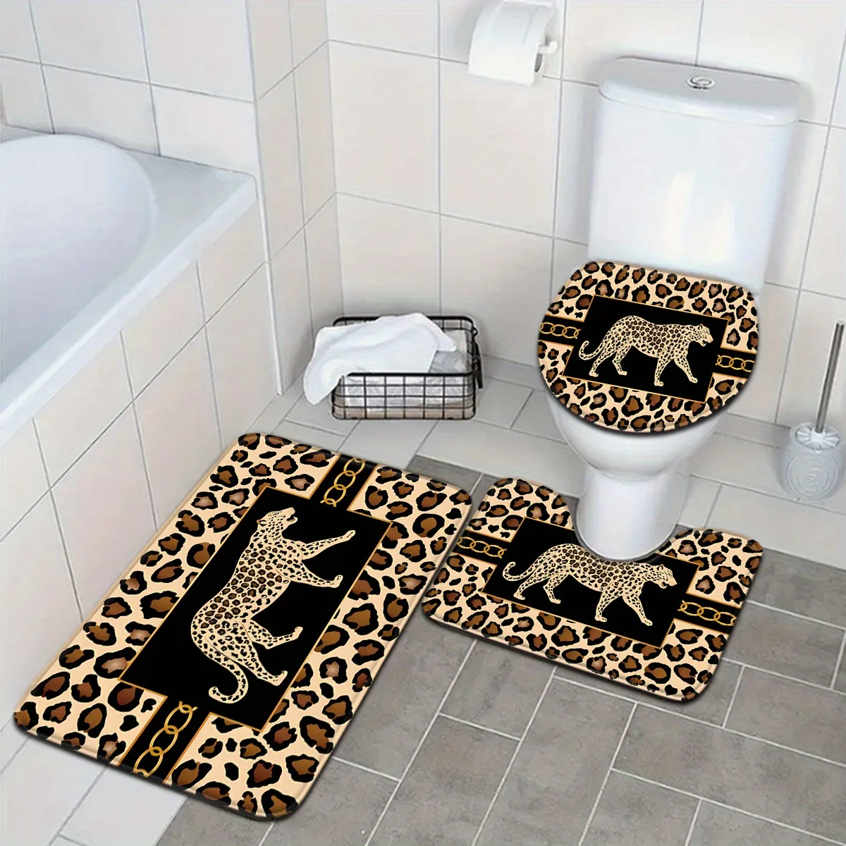 

Набор из 3-х ковриков для ванной с леопардовым принтом и золотой цепочкой, нескользящие, мягкие, для туалета, раковины, ванной комнаты, домашнего декора