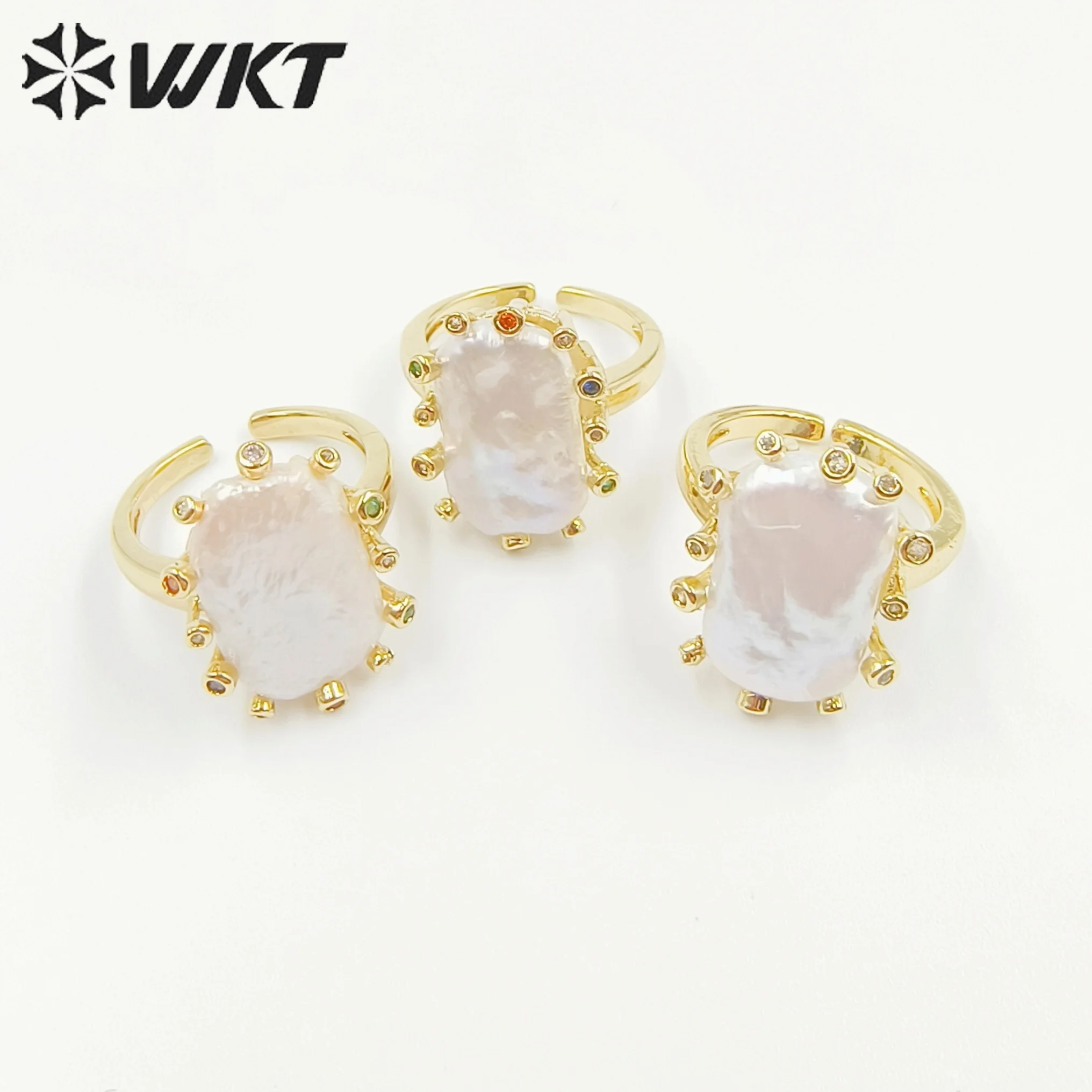 WT-MPR058 Gorgeous European Natural Freshwater Square Pearl gold bezel Zircon Setting Ring for Friend Gift