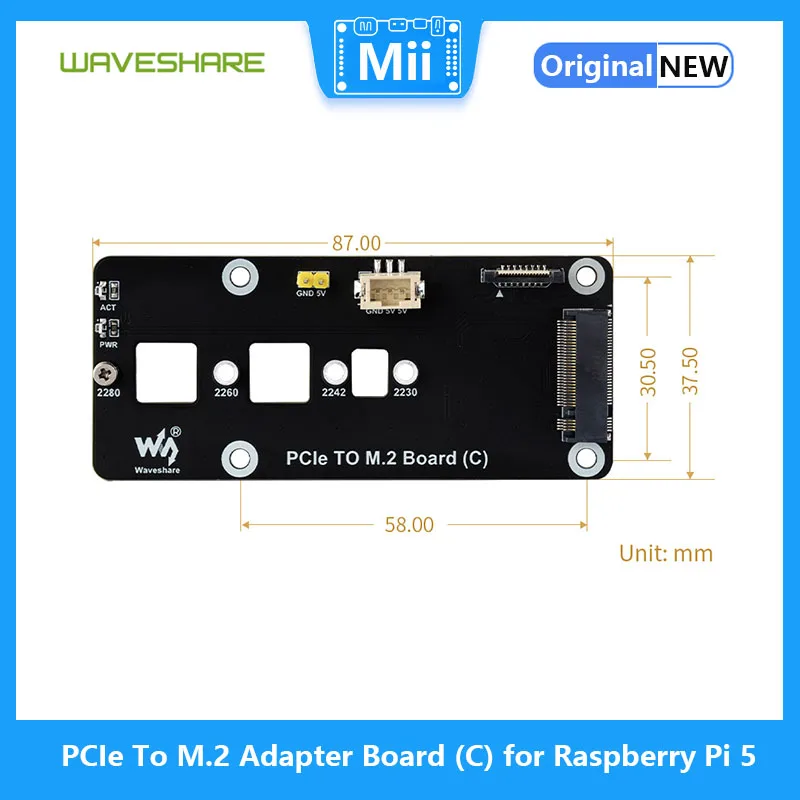 Waves hare PCIE zu M.2 Adapter Board (C) für Himbeer Pi 5, für NVME Protokoll M.2 Solid State Drive, Hochgeschwindigkeits-Lesen/Schreiben