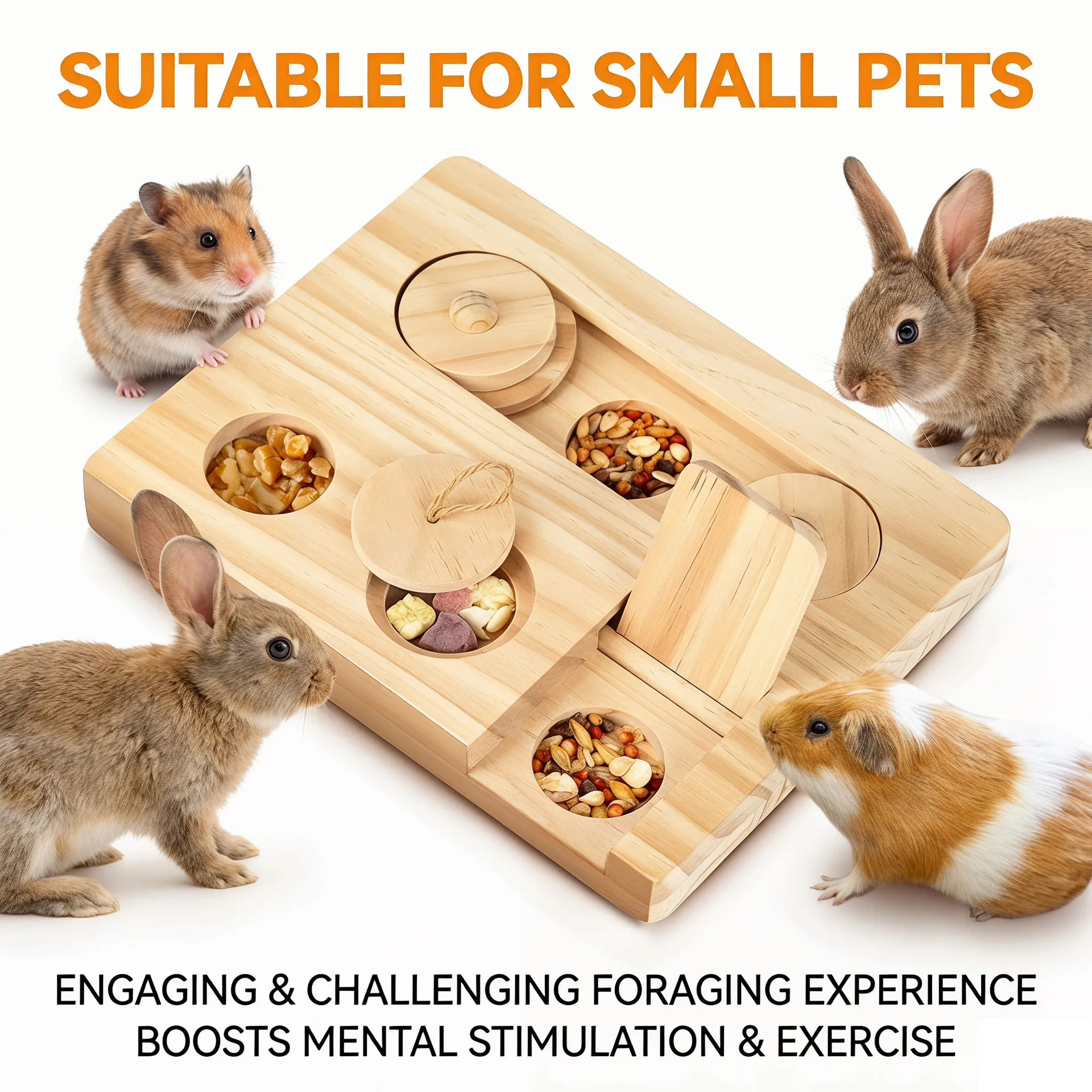 Interactive Wooden Foraging Puzzle Toy Small Pet Hide Snack Training Enrichment Toy DIY Feeder for Hamster Rabbit Guinea Pig