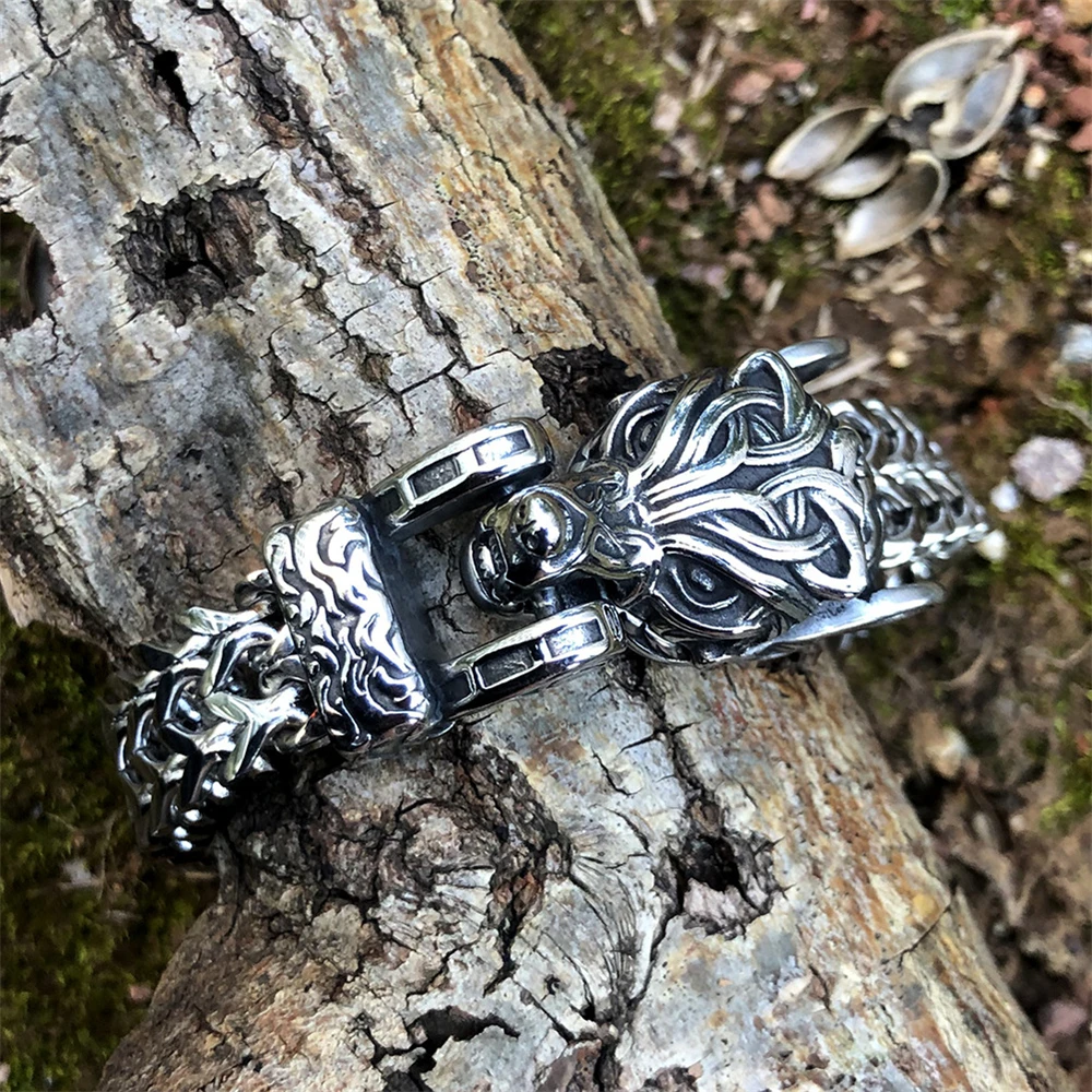 Never Fade Norse Celtic Wolf Head Bracelet Men's Stainless Steel