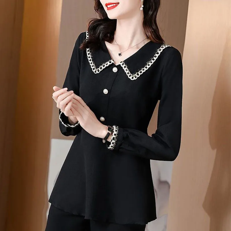 Fashion Women\'s Solid Color Peter Pan Collar Blouse Spring Autumn New Elegant All-match Slim Long Sleeve Shirt Female Clothing