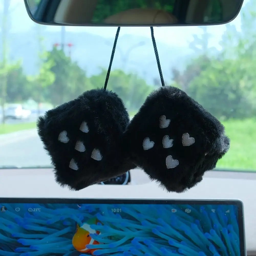 2PCS Square Pendant Fuzzy Plush Pendant Heart-shaped Embroidery Car Ornament Rearview Mirror Decor Car Pendant