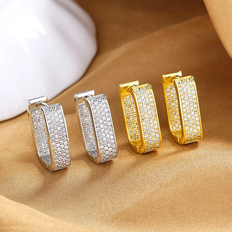 Female Male Rectangle U Shaped Hoop Earrings For Women Men Antique Gold Silver Color Blue Green White Zircon Small Ear Buckle CZ