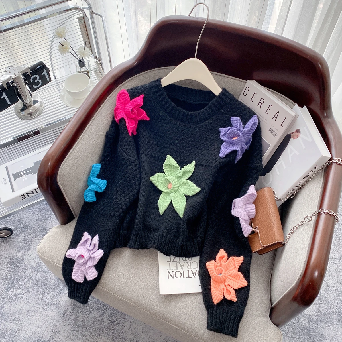 Stylish Hand-made Flower Knit Sweater Pullover Women Autumn Winter Chic Fashion Ladies Tops Long Sleeve O-neck Jumper 2022