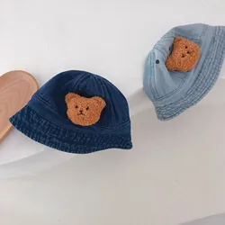 Milancel Summer Toddler Baby Denim Bucket Cap Cartoon Bear Boys Girls Fisherman Hat Solid Windproof Foldable Kids Sunshade Hat