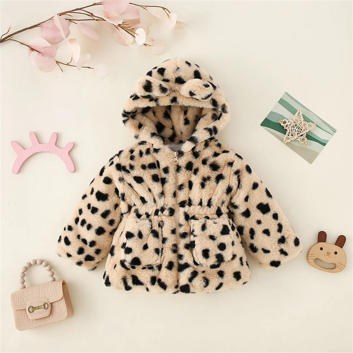 Baby Girl Personalized Winter Leopard Pattern Wool Sweater Girl Waist Hooded Zipper Fashion Coat Cartoon Cotton Coat