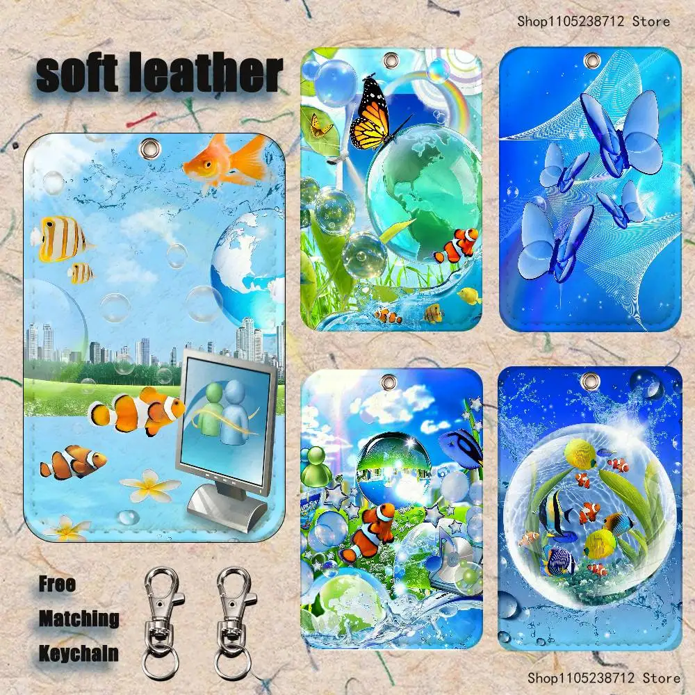 

Frutiger Aero Art Pattern 1Pc PU Leather Card Holder Keychain Key Ring Door Lock Access Tags ID Card Case Keychain Card