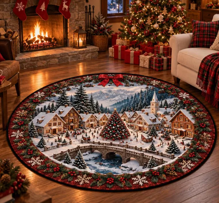 Christmas Village 3D Round Quilted Rug Santa Sleigh Reindeer Optical Illusion Floor Mat Vortex Xmas Rug, Holiday Home Decor Gift