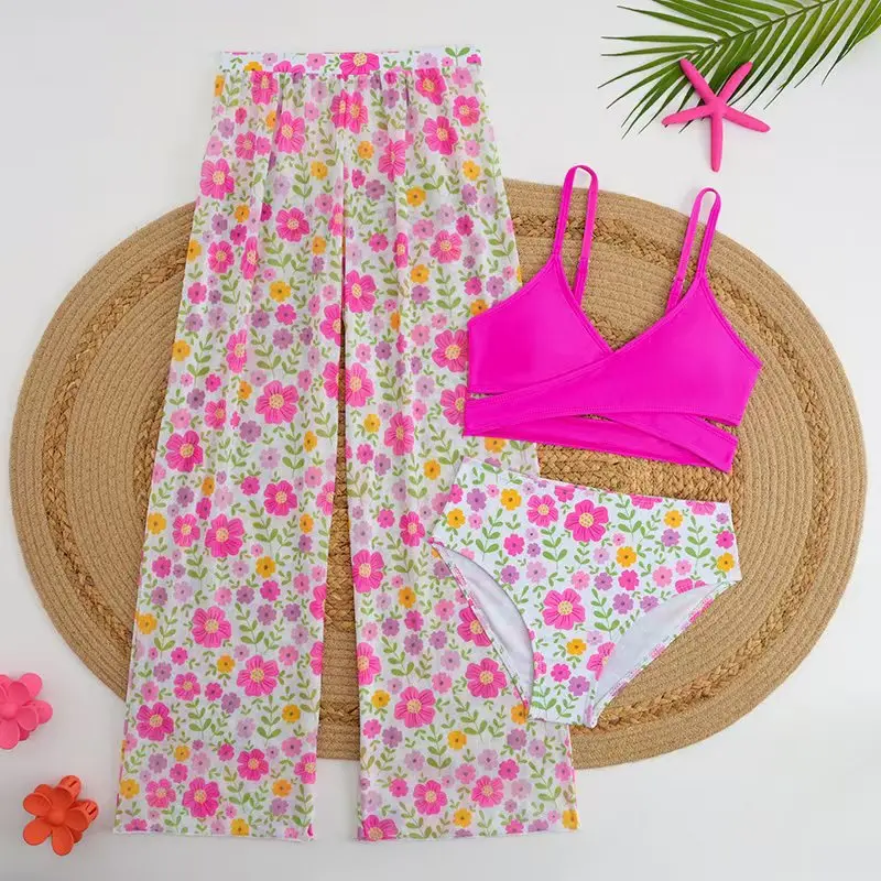 3 Pieces High Waist Bikini 2026 Girls Swimsuit & Beach Pant Swimwear Children Bathers Bathing Swimming Swim Suit Beachwear 8-12Y