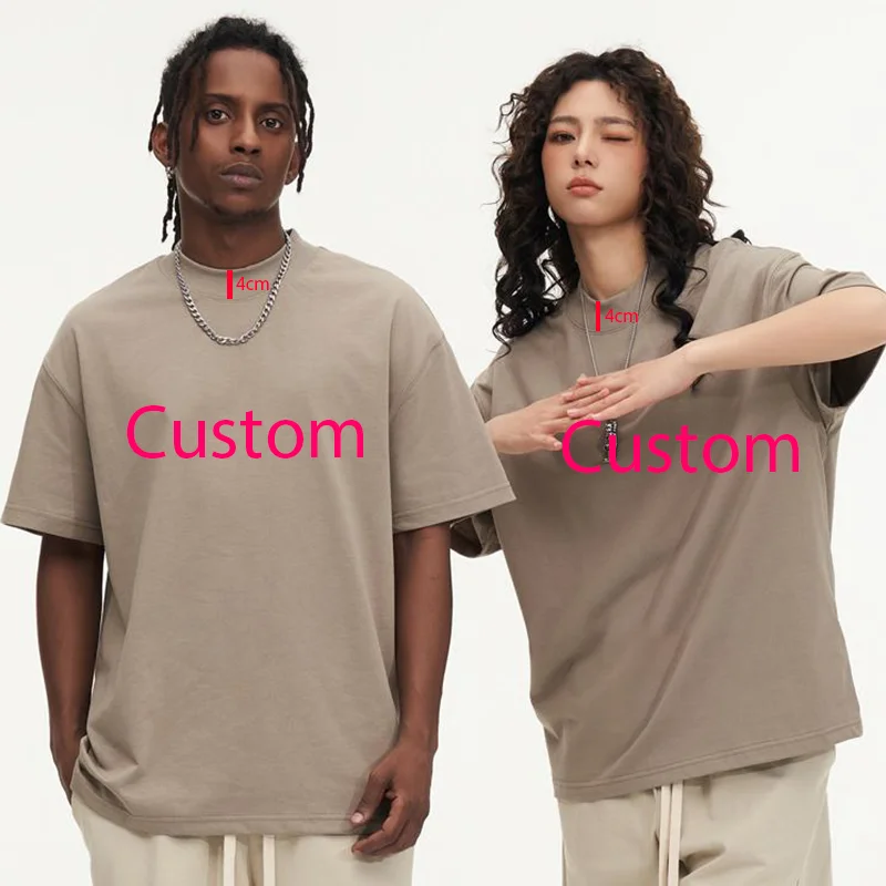 Custom LOGO Image 280gsm 4cm High Thick Neck T Shirt Men Drop Shoulder Oversized Causal O-neck Basic High Quality Heavy Weight