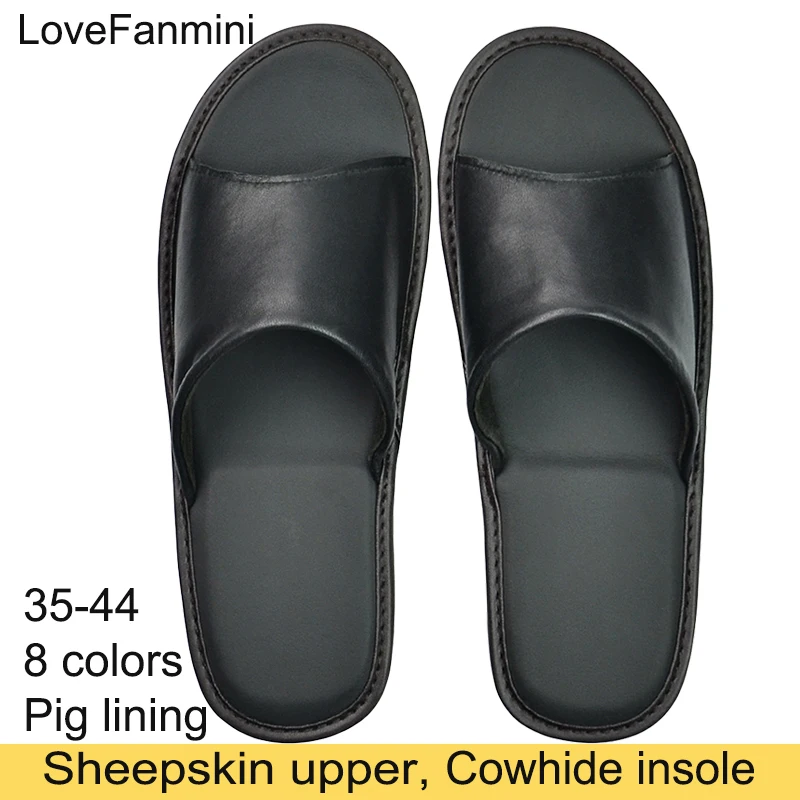 Soft Sheepskin Cow Leather Slippers Homes in indoor slipper summer open toe sandals men women elderly casual single Slides shoes