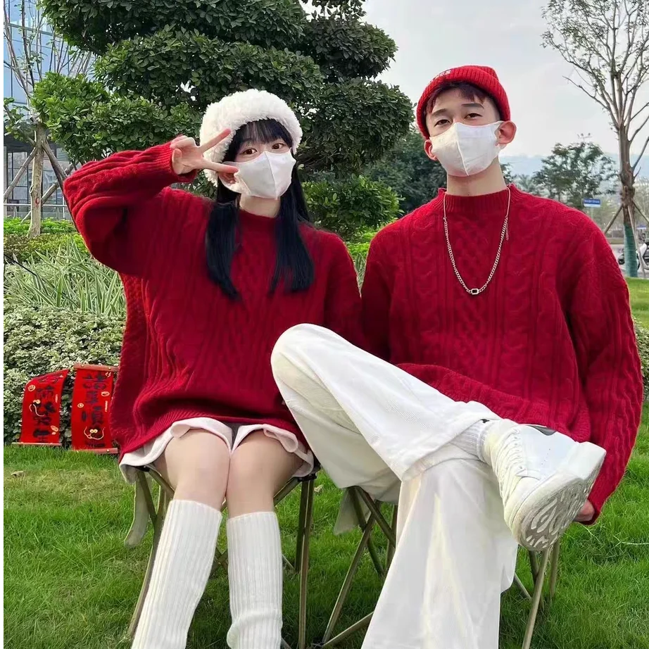 

Red round Ne Knitwear Loose Fit Men's Wedding Photo Autumn Winter Couple's Base Layer Sweater Casual Sle Cotton Blend