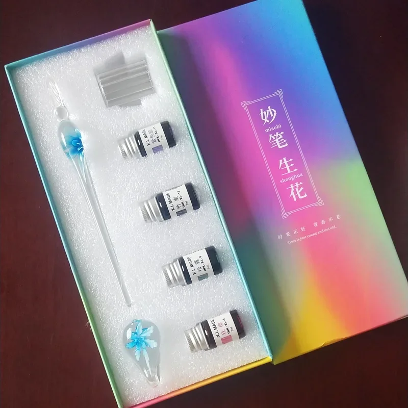 مجموعة أقلام زجاجية مدمجة على شكل زهرة، قلم غمس ملون، صندوق هدايا بائع الشوارع، قلم توقيع، هدية قلم زجاجي