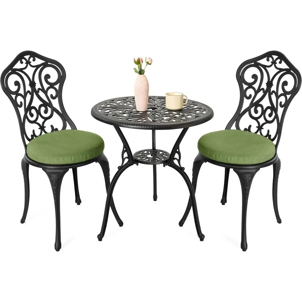 

Черный комплект для бистро из 3 предметов с подушками, круглым столом и держателем для зонта для патио, сада, у бассейна