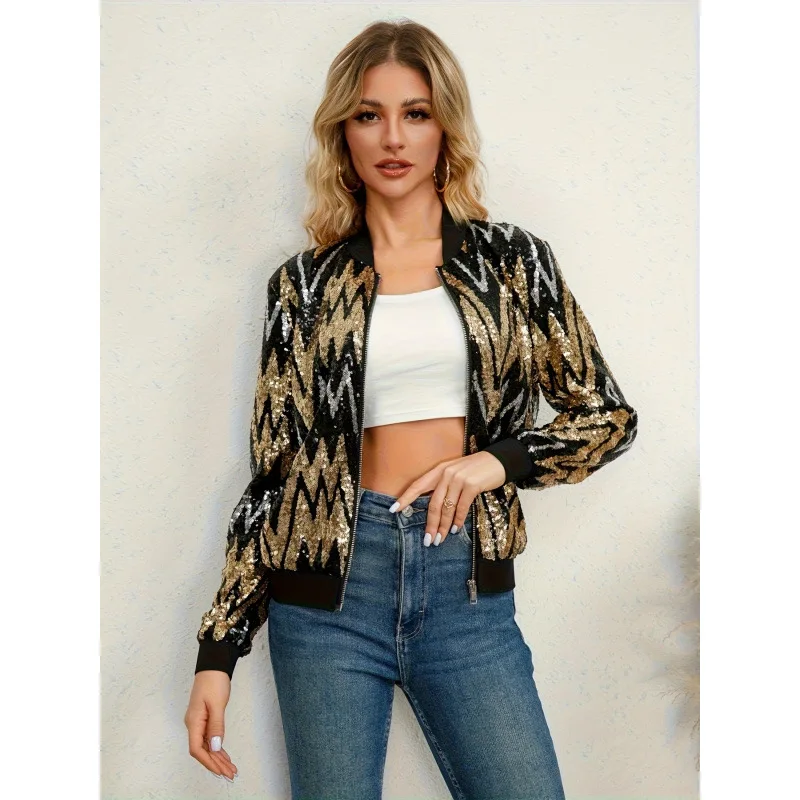 

Trendy Sequin Casual Jacket Women's Short Outerwear Bright Shiny Fashionable Spring Seasonal Comfortable Fit Female Clothing