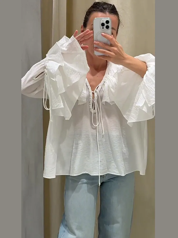 

Шикарные женские рубашки с рюшами на шнуровке, шифоновая блузка с v-образным вырезом и расклешенными рукавами, женская весенняя мода, однотонный женский топ, уличная одежда 2025