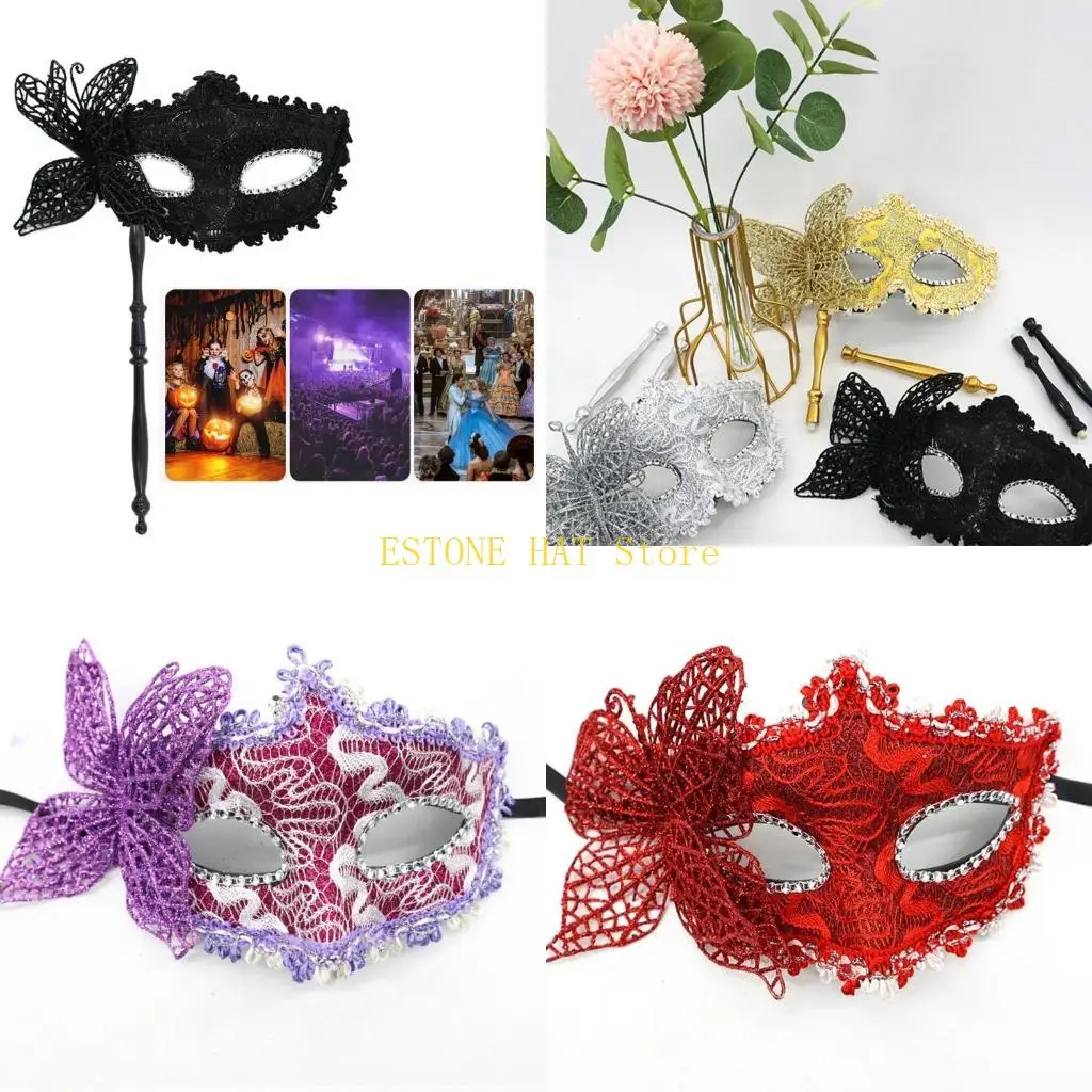 49MF Halloween Party Mask with Holding Pretty Masquerade Mask Half Face Mask Butterfly Mask Evening Prom Mask