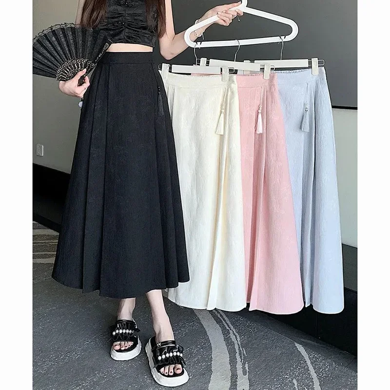 Summer Girls Solid Elastic High Waisted Long Skirts Lady Elegant Comfortable Pleated Dress Women Concise Slimming Thin Skirts