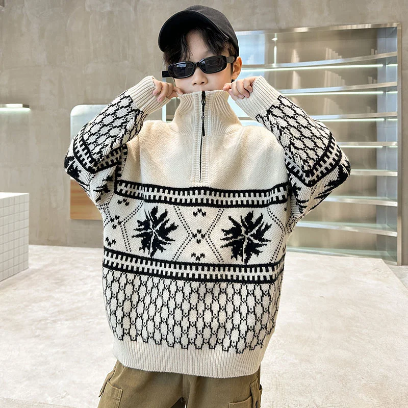 Kids Polo Neck Sweater for Boys Snowflake Pattern 2024 Autumn Children Knitted Long Sleeve Tops Teenager Polo Collar Sweater